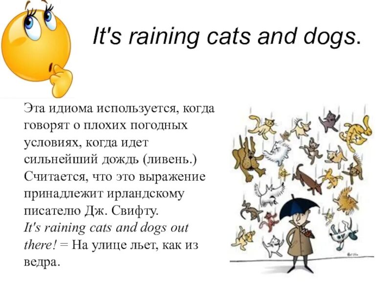 Как по английски будет дождь. Идиома it's raining Cats and Dogs. Идиомы на английском. Английский язык. Идиомы. Что такое идиом в английском языке.