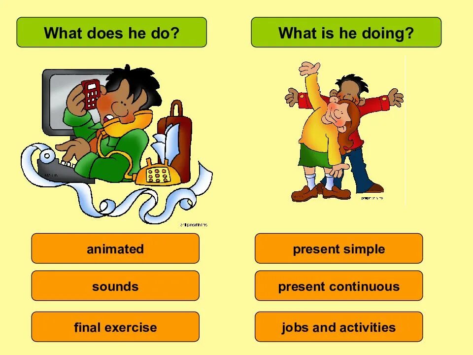 What did he change. What is he или what does he. present continuous jobs. what do или does. do или doing.