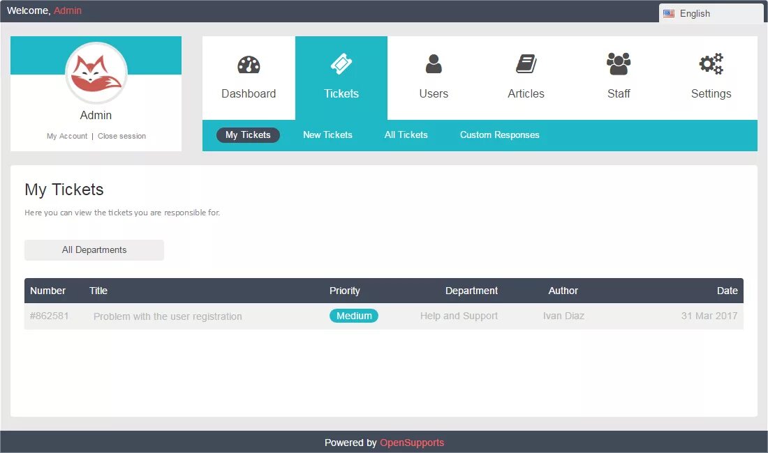 Ticket user. OPENSUPPORTS. Тикет-система (ticketing System). Тикет система Скриншот. Dashboard English.