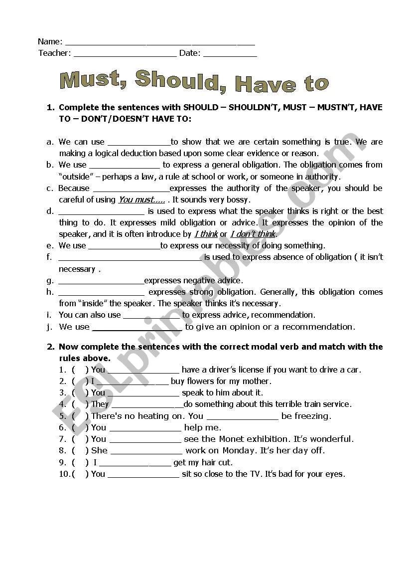 Must have to should Worksheets. Модальные глаголы can must have to should Worksheet. Can must should have to Worksheets. Must have to should ought to Worksheet. Have to has to should exercises