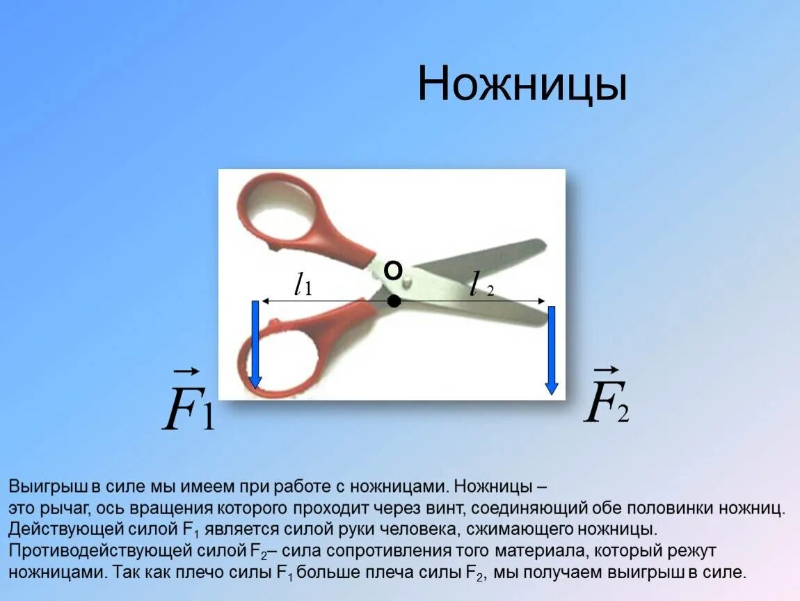 Выигрыш в силе ножниц. Ножницы рычаг. Рычаги в быту ножницы. Ось вращения ножниц. Выигрыш в силе физика 7