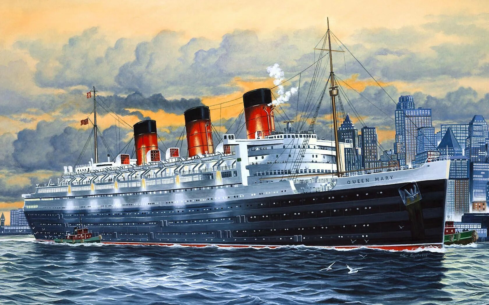 Пароход парусника. Корабль Queen Mary 1. Трансатлантический лайнер Queen Mary.