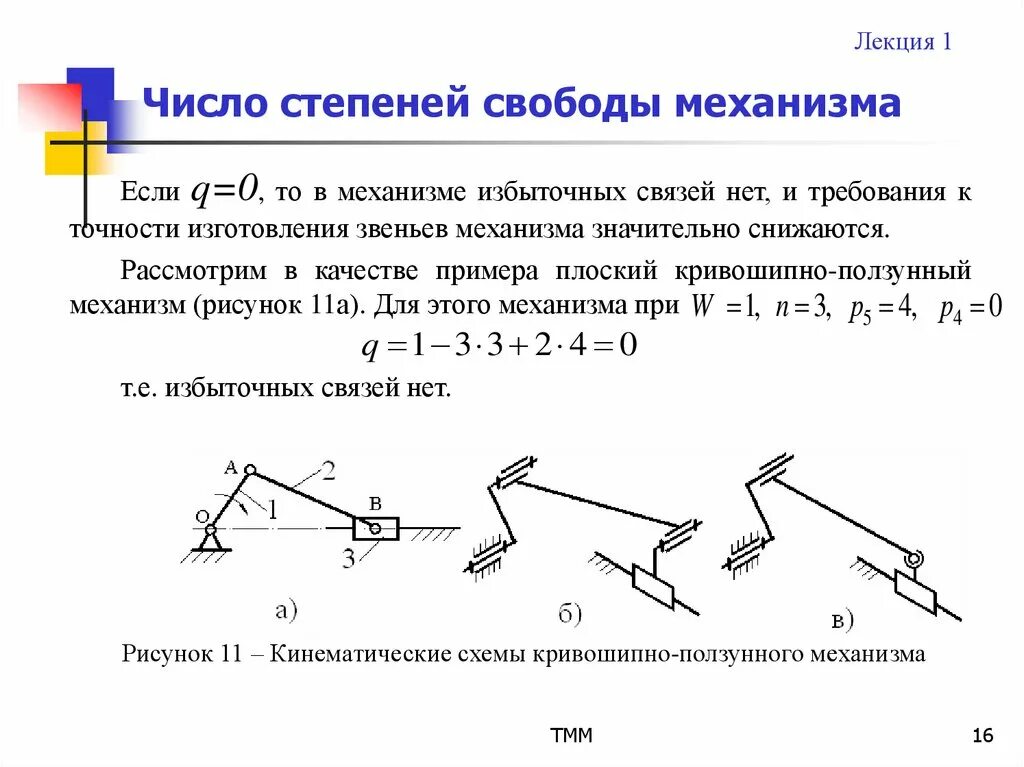 Как определить степень свободы. Основные понятия теории механизмов и машин. ТММ Кривошипно ползунный механизм. Число степеней свободы ТММ. Число избыточных связей механизма.