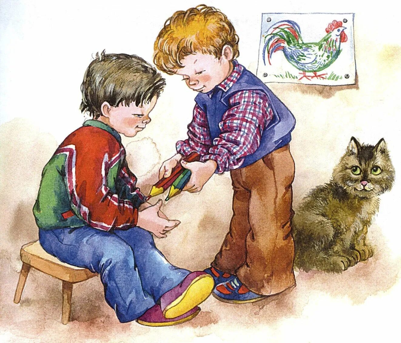 Картины дональда золана беззаботное детство. Осеева волшебное слово иллюстрации. Осеева в. Сказка добрый мальчик. С книжкой на скамейке.