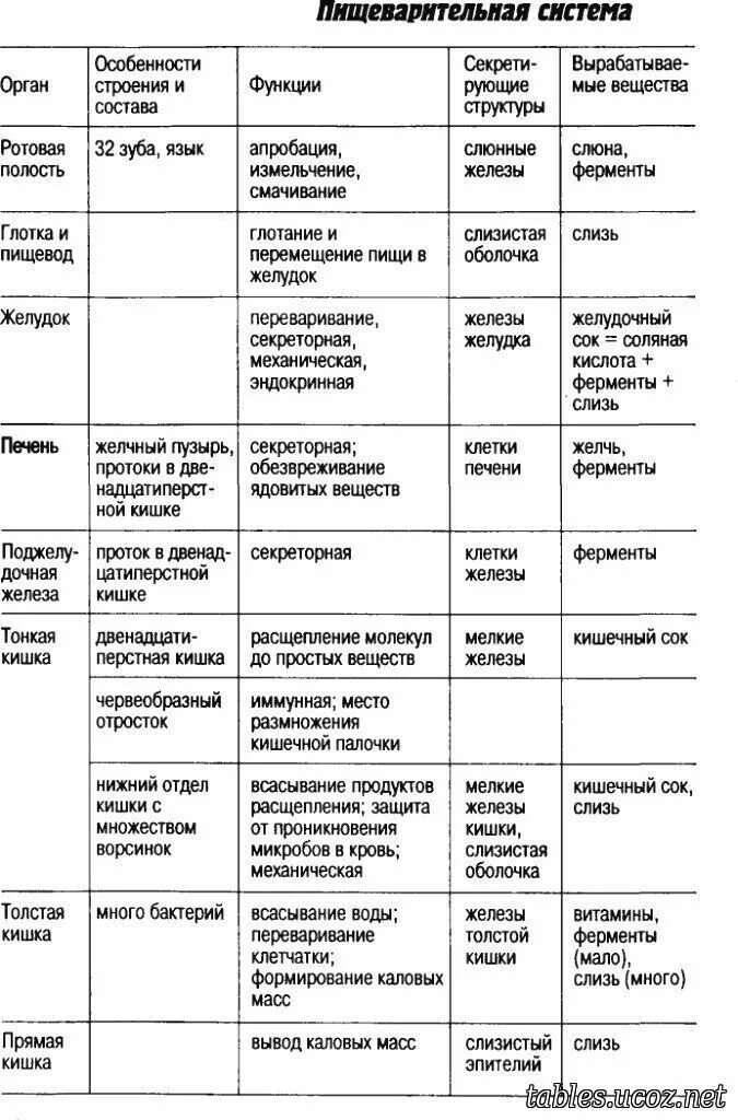 Таблица органов питания