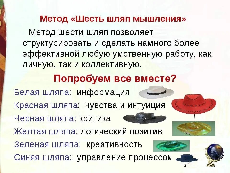 6 способов. Метод шляп на уроке. Метод 6 шляп в начальной школе. Методика 6 шляп кратко. Метод шести шляп задания.