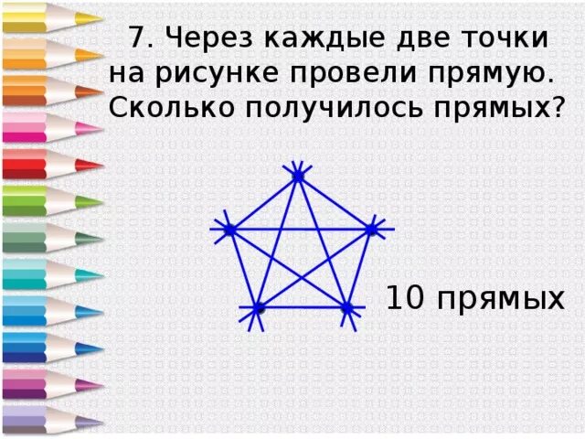 Сколько точек на рисунке. Провести через каждые две точки прямую. Проведи через каждые две точки прямую сколько получилось. Через каждые две точки на рисунке провели.