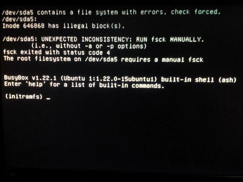 Ошибка системы Ubuntu. Fsck проверка диска. Ошибка файловой системы. Ошибка Linux unexpected inconsistency. Without options