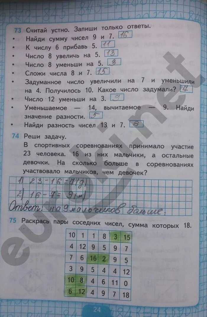 Ответы по рабочей тетради 7. Считай устно запиши только ответы. Раскрась в каждой строке пары соседних чисел которые в сумме. Раскрась пары соседних чисел сумма которых равна 18. Рабочая тетрадь по математике 2 класс Кремнева.