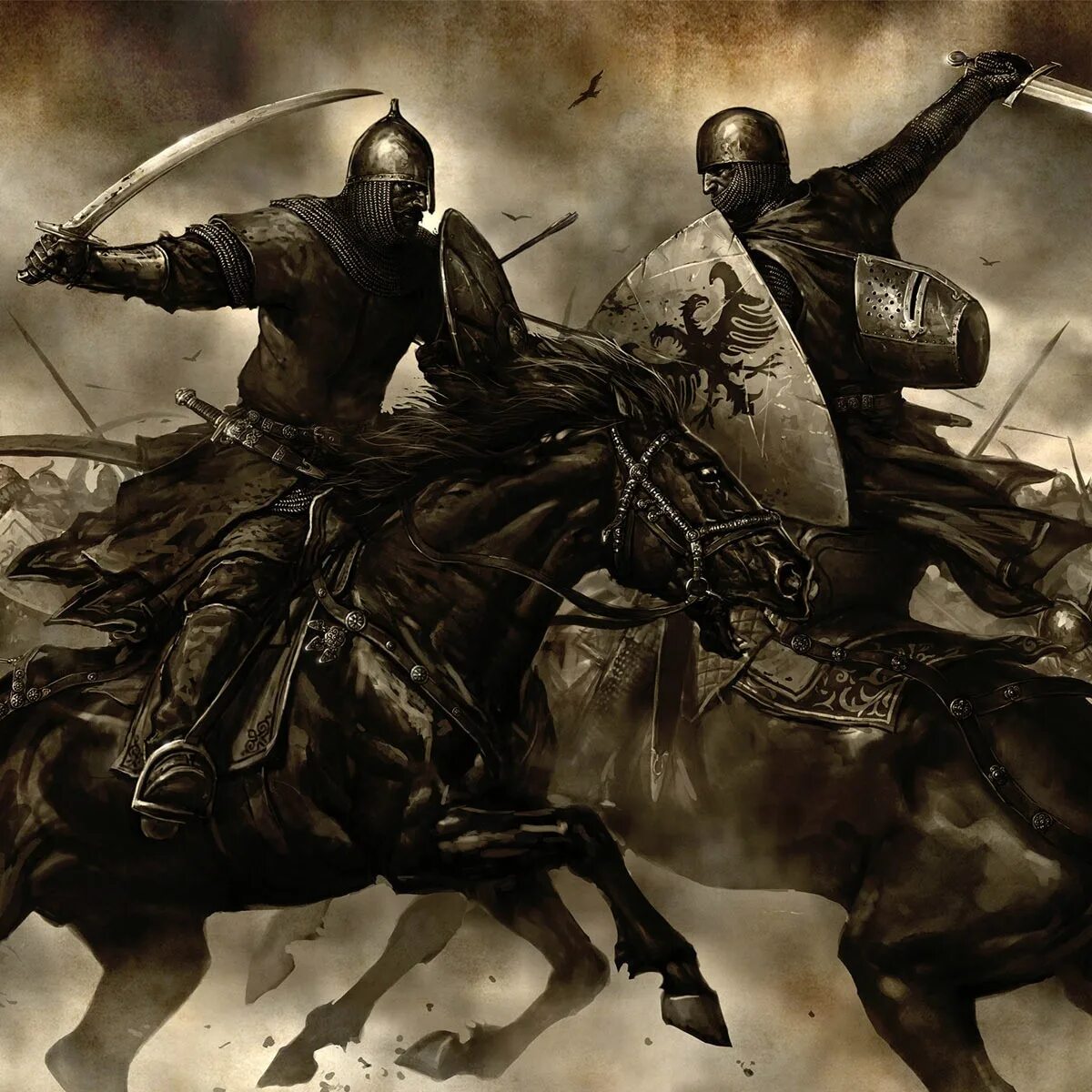 Сражение двух воинов. Рыцарь моунт бладе. Маунт блейд черные Рыцари. Ганбат Бадамханд Рыцари. Монгольский художник Ганбат Бадамханд.