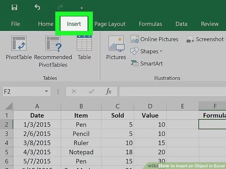 Excel 14inch. Insert object