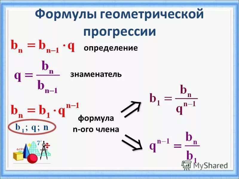 Найдите знаменатель геометрической прогрессии b если. Формула нахождения b1 в геометрической прогрессии. как вычислить знаменатель прогрессии. формула знаменателя геометрической прогрессии. формула нахождения знаменателя геометрической прогрессии.