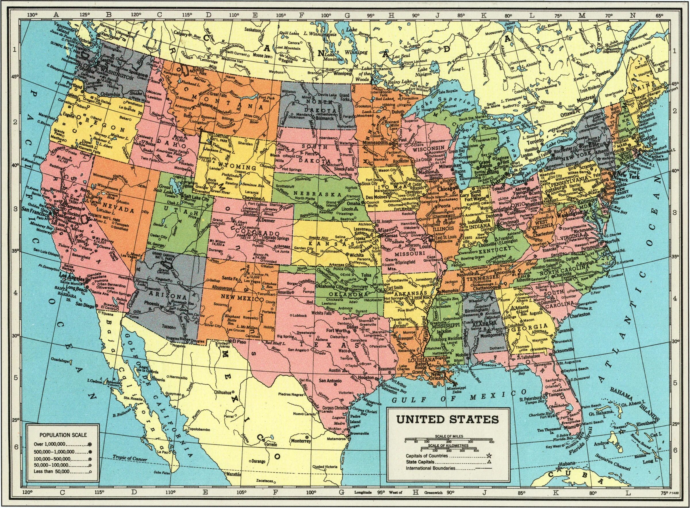 Штаты сша карта с названиями. Политическая карта Штатов США. Карта США 1970. Географическая карта США со Штатами. Подробная карта США.