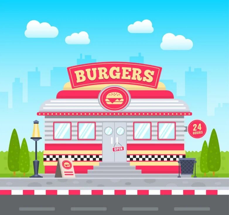 Burger store. Ретро бургер. Ретро бургерная. Ресторан быстрого питания рисунок. Бургерное кафе мультяшная.