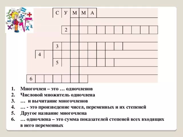 Кроссворд на тему многочлен. Кроссворд Одночлены и многочлены. Кроссворд по теме Одночлены. Кроссворд с ответами на тему Одночлены и многочлены.