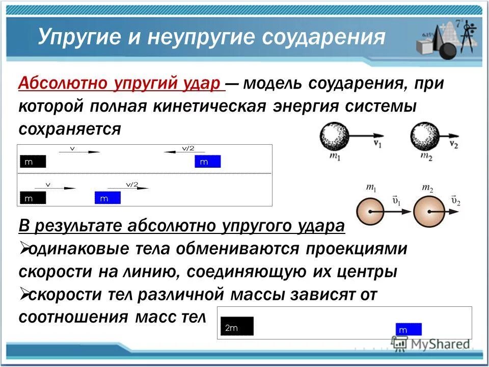 Закон упругих шаров. Абсолютно упругий удар соударение. Закон сохранения импульса при неупругом соударении. Закон сохранения энергии при неупругом соударении. Закон сохранения импульса при упругом соударении.