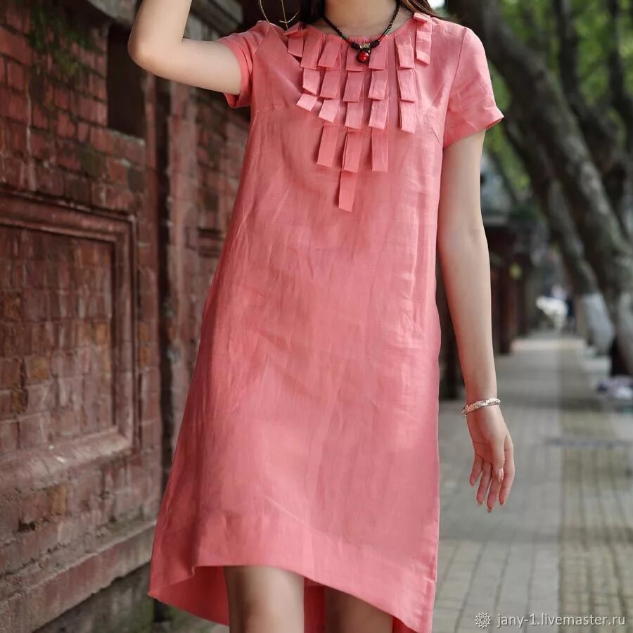 Дизайнерское льняное платье. Розовое льняное платье. Необычные платья из льна. Красное льняное платье.