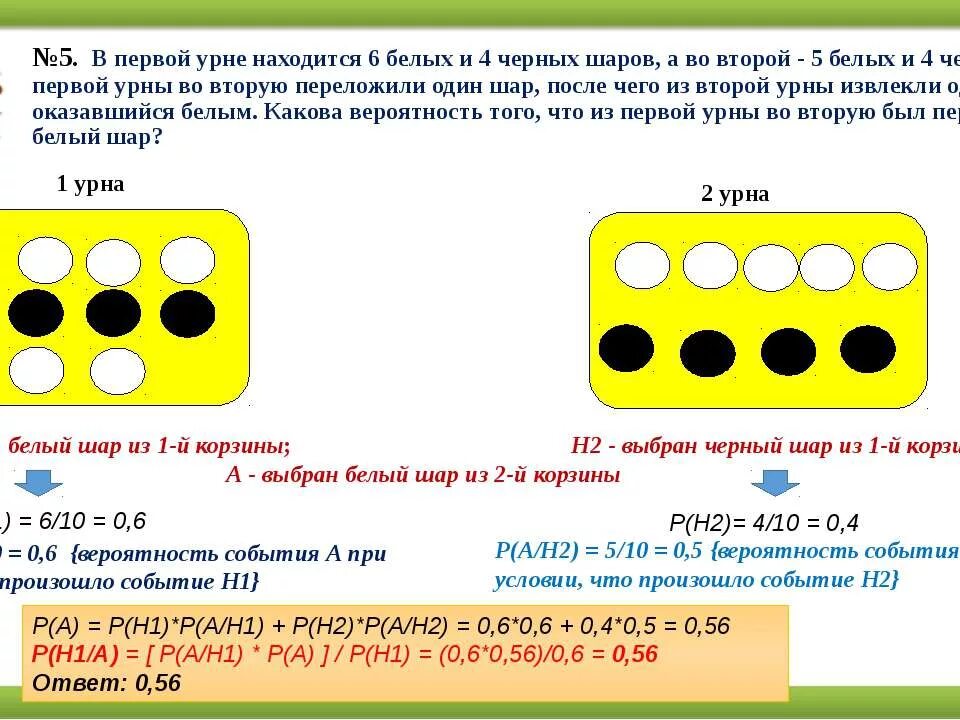 Из урны содержащей 6 шаров. В первой урне 3 белых и 2 черных шара, во второй 4 белых и 4 черных шара. В первой урне 6 белых и 4 черных шара. В первой урне находятся 5 белых. Первые урны.