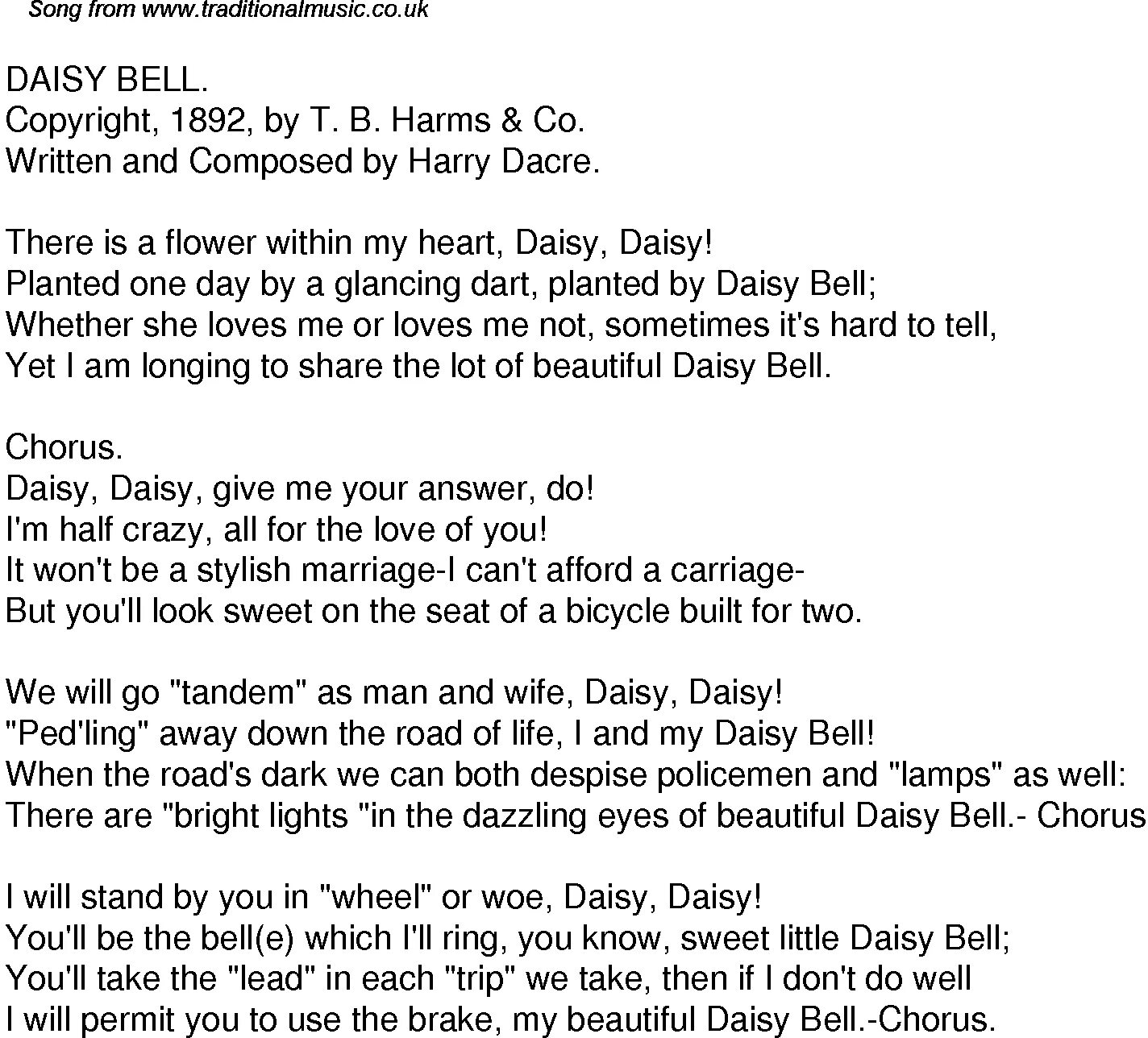 Daisy Bell 1961. Daisy Bell 1892. Daisy Bell текст. Daisy Bell песня. Дейзи белл