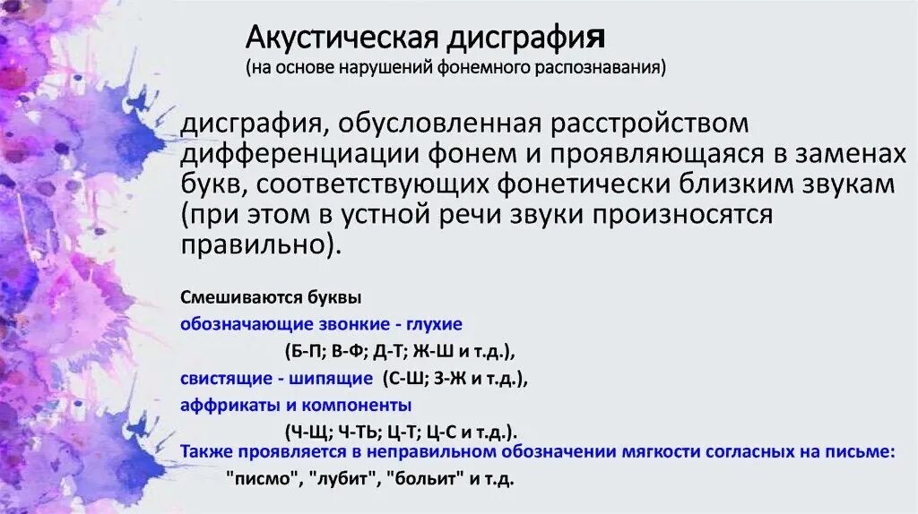 Дисграфия обусловленная. Пример артикуляторно-акустической дисграфии. Дисграфия на основе нарушений фонемного распознавания. Ошибки при акустической дисграфии. Механизм акустической дисграфии.