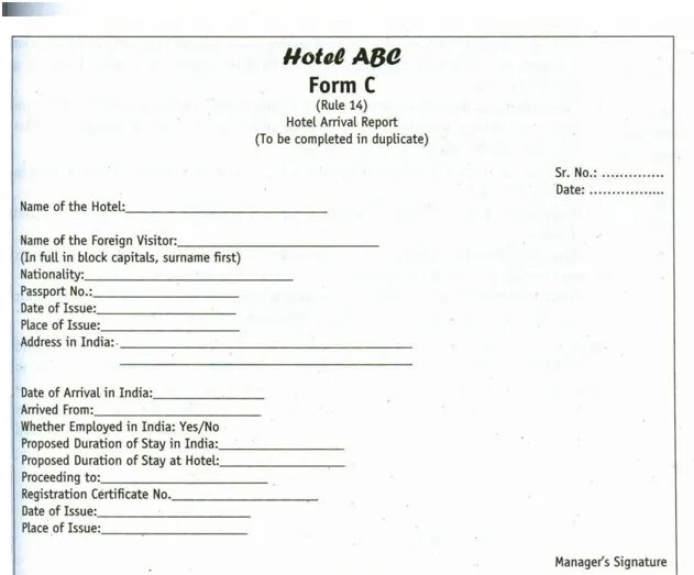 C form Индия. Form c FRRO India. Registration form in a Hotel. Arrival Report в отеле.