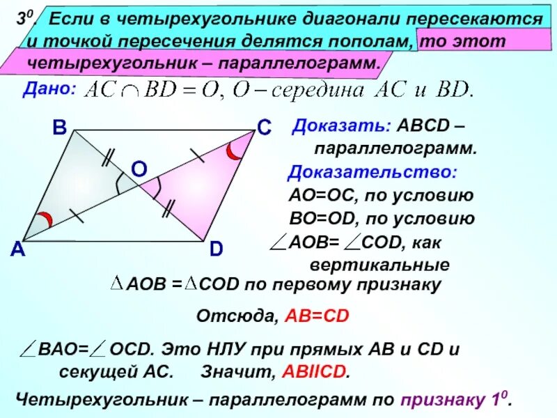 Диагонали параллелограмма точкой их пересечения делятся пополам. Доказательство 3 признака параллелограмма. Доказательство 3 признак пара. Второй признак параллелограмма с доказательством. Доказательство одного признака параллелограмма.