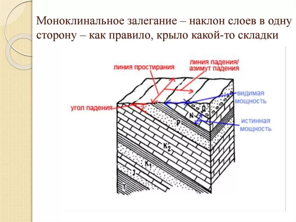 МОНОКЛИНАЛЬНОЕ залегание слоев. МОНОКЛИНАЛЬНОЕ залегание пластов. Наклонное залегание слое горных пород. Элементы залегания пластов горных пород.