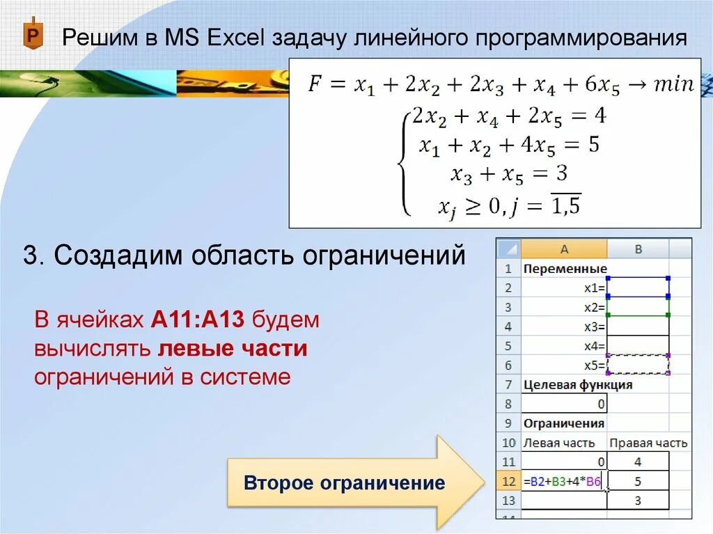 Решение линейной задачи в excel