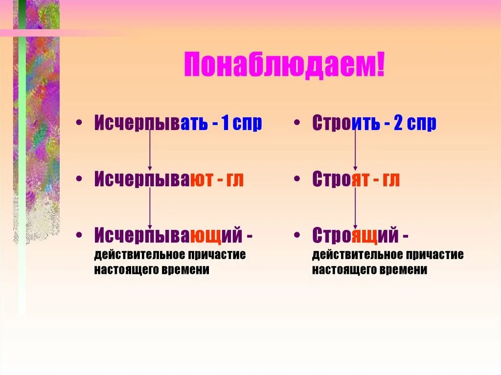 Действительное причастие отвечает на вопросы. Суффиксы действительных причастий. 1 СПР причастий. Строить действительное Причастие настоящего времени. Действительное Причастие строить.