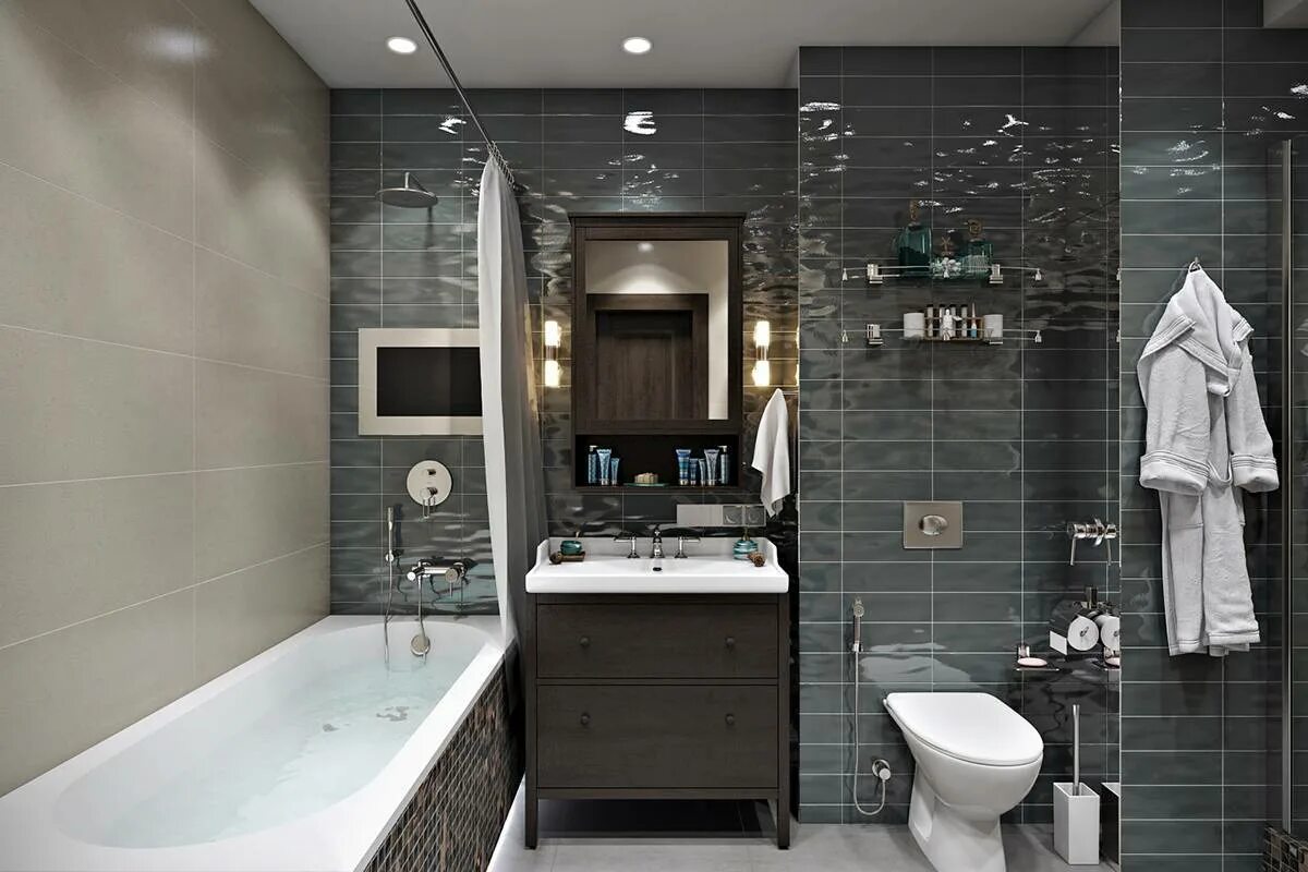 Современная ванная комната. Интерьер санузла с ванной. Дизайнерские решения для ванной комнаты. Интерьер ванной комнаты с туалетом.