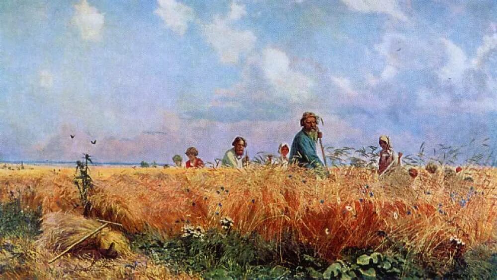 Косцы картина Мясоедова. Г.Г. Мясоедов. "Страдная пора (Косцы)". 1887.. В поле давно уже зеленела