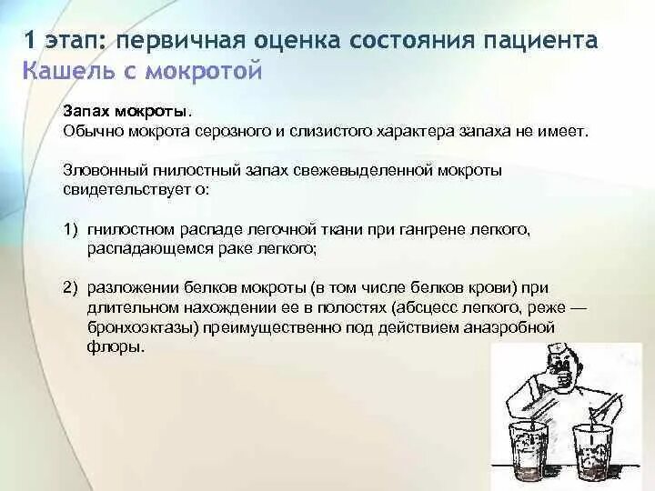 Пациент выделяет мокроту. Гнилостный запах мокроты. 1 Этап оценка состояния пациента. Мокрота при опухоли легких.