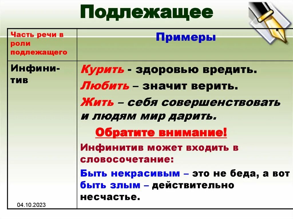 Инфинитиве в неопределенной форме. Неопределенная форма глагола подлежащее. Инфинитив подлежащее примеры. Предложения с инфинитивом. Подлежащее в роли сказуемого.