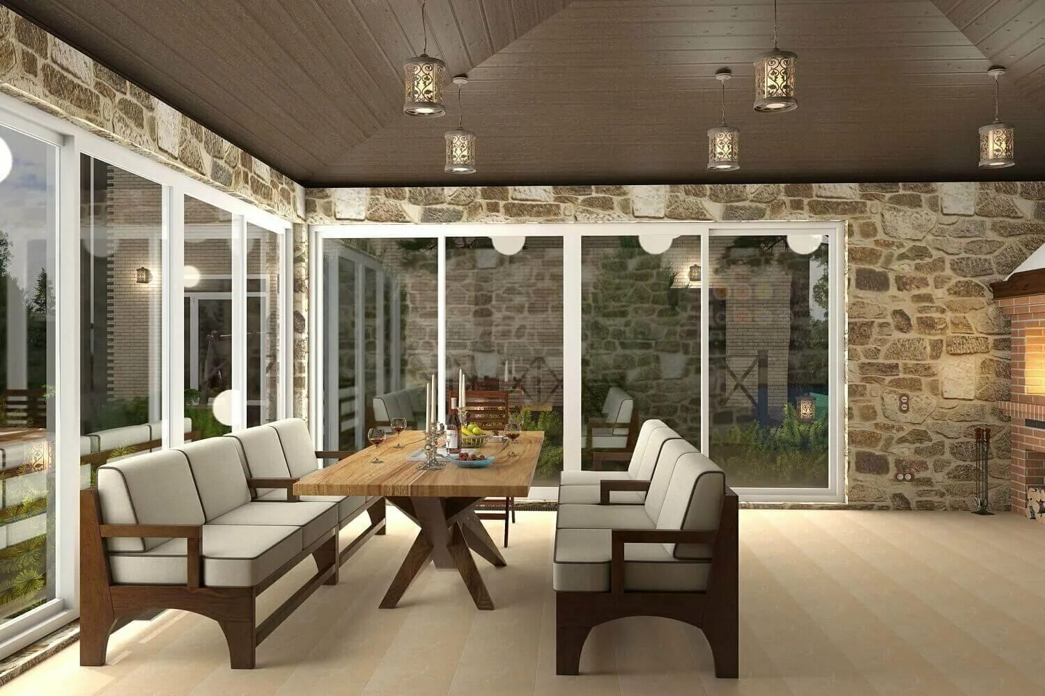 Терраса внутри. Внутренний интерьер беседки. Веранда си нэйтен. Отделка застекленной террасы. Интерьер веранды в загородном доме.