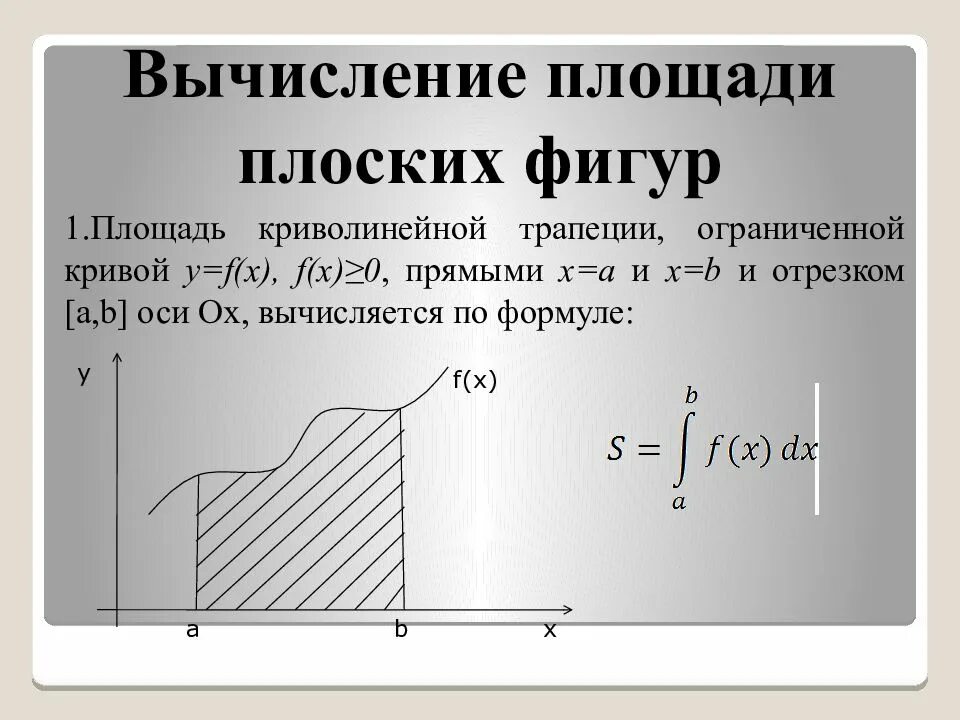 Приложение определенного интеграла площадь плоской фигуры. Определенный интеграл площадь криволинейной трапеции. Определенный интеграл для вычисления площади криволинейной трапеции. Вычисление площадей плоских фигур с помощью определённого интеграла.. Верхний и нижний интеграл