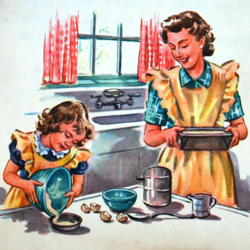 You me to cook the dinner. Картинки дети трудятся на кухне. Ретро гендер. Ребенок с родителями готовят Винтажная картинка. Домохозяйка купает деток ретро.