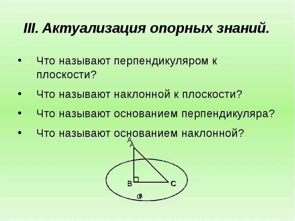 Какая прямая называется перпендикуляром. Основание перпендикуляра. Три перпендикуляра. Что называется наклонной. Что называется наклонной к плоскости.