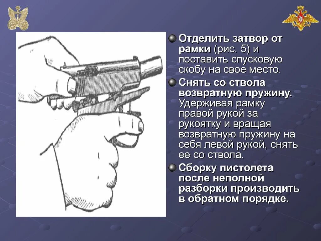 Неполная сборка разборка пистолета макарова. Порядок неполной разборки и сборки пистолета. Неполная разборка пистолета Макарова. Отделить затвор от рамки. Порядок неполной разборки пистолета Макарова.