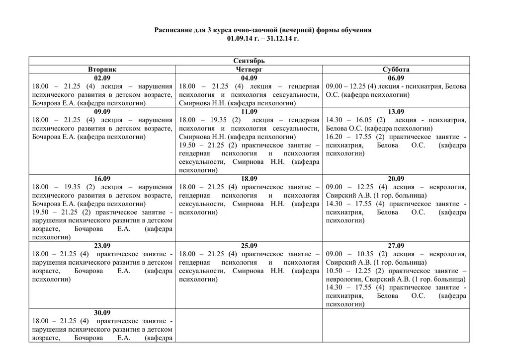 Очно заочная расписание