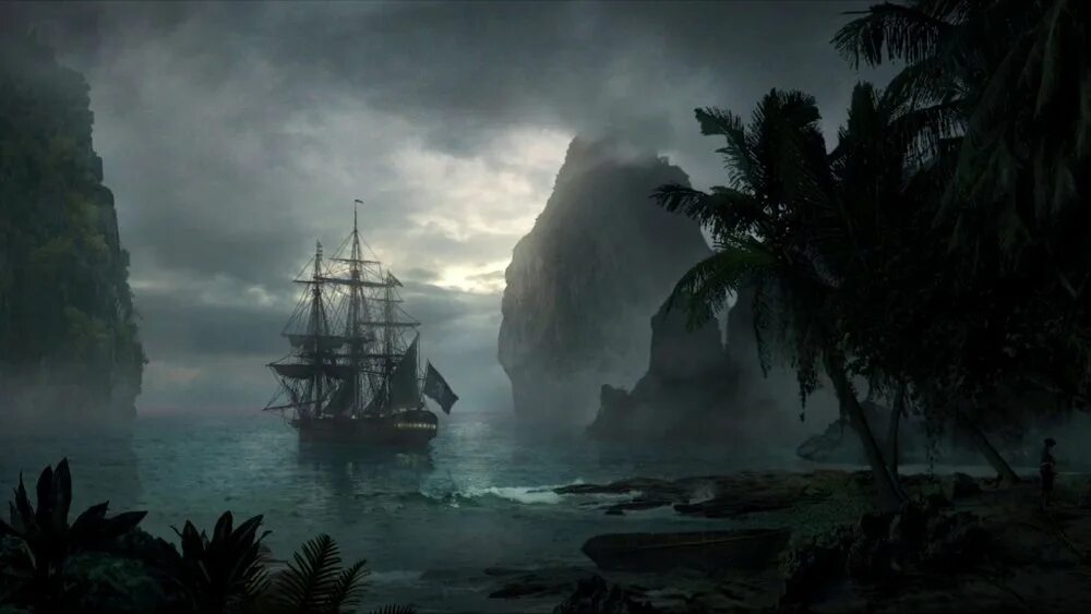 Острова где пираты. Бухта парусник Тортуга. Корабль и остров. Пиратский корабль в бухте. Пиратский пейзаж.