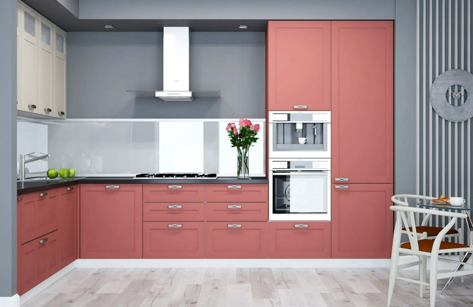 Терракотовый кухонный гарнитур. Кухонный гарнитур розовый. Кухня кораллового цвета. Сочетание цветов на кухне. Кухни така