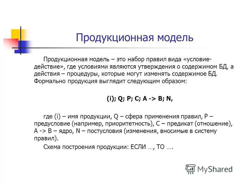 Построить продукционную модель