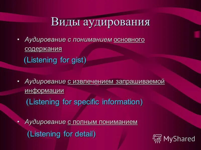 Аудирование с пониманием. Виды аудирования. Аудирование виды аудирования. Типы аудирования в английском языке. Детальное аудирование это.