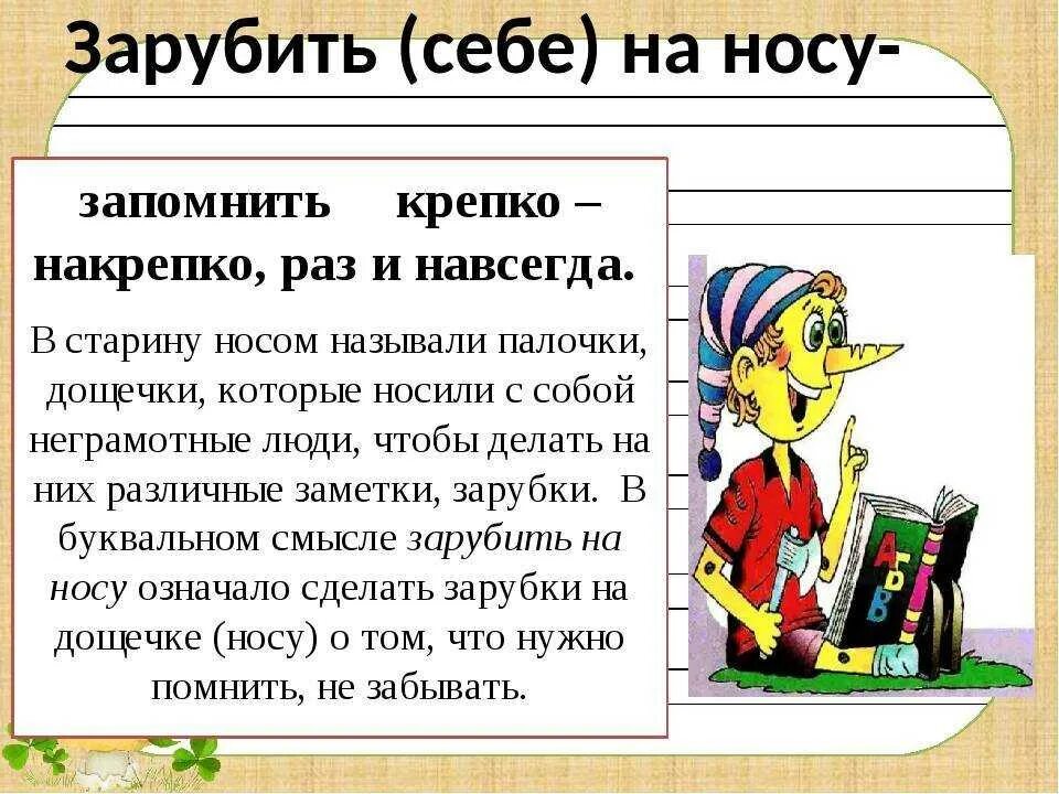 Фразеологизм заруби себе на носу. Фразеологизмы и их объяснение. Фразеологизмы с объяснением. Фразеологизмы 2 класс. Сует глагол