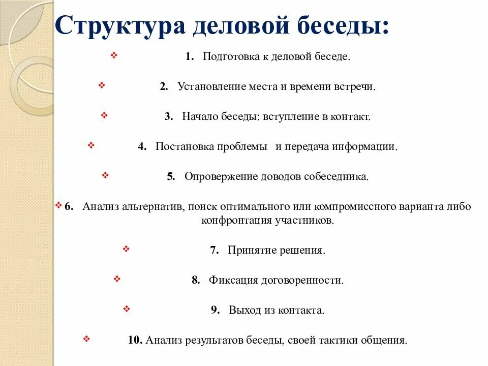 Наиболее оптимальной является следующая структура деловой беседы. Наиболее оптимальной является следующая структура деловой беседы