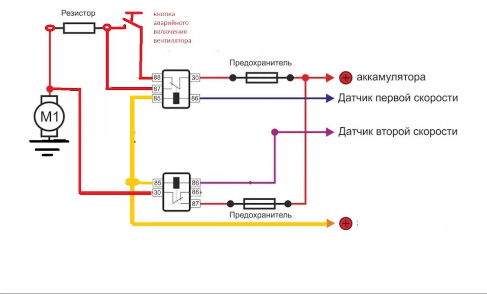 Вторая скорость вентиляторов. Схема подключения вентилятора на 2 скорости охлаждения. Схема подключения двух вентиляторов охлаждения на две скорости. 2 Скорости вентилятора охлаждения Нива. Схема включения вентилятора охлаждения УАЗ Патриот.