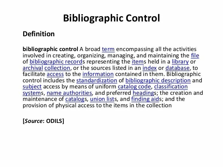 Bibliographic list example. Bibliographic source. Bibliographic Citation. Bibliographic description and classification of documents. Broad term