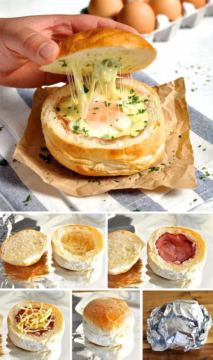 Блюда на завтрак быстро и вкусно рецепты. Булочки на завтрак. булочка с яйцом и сыром. яичница в булочке на завтрак. необычный завтрак из обычных продуктов.