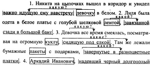 Лиля была одета в белое платье причастный оборот. Спишите расставляя пропущенные запятые причастные обороты. Выделить графически причастные обороты. Цыпочках разбор