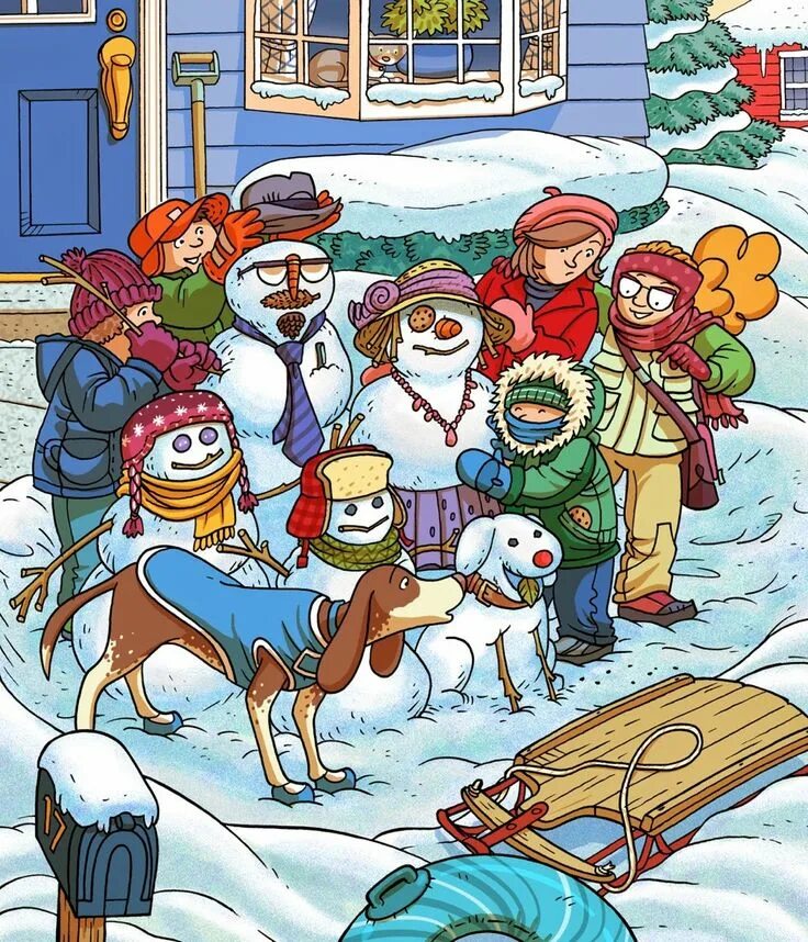 Английская зима иллюстрации. Рисунок зимы на английский. Christmas picture to describe. Рисунок компания зимой. Describe the story